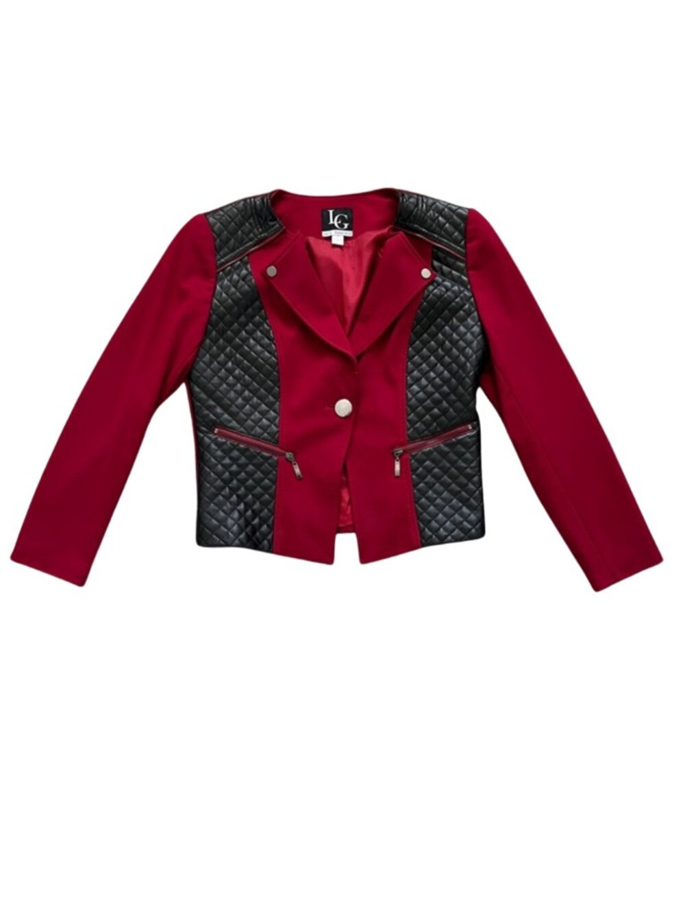 Lena Gabrielle Red Jacket Black Quilted Faux Leather Panels Zipper Trim - Size 8